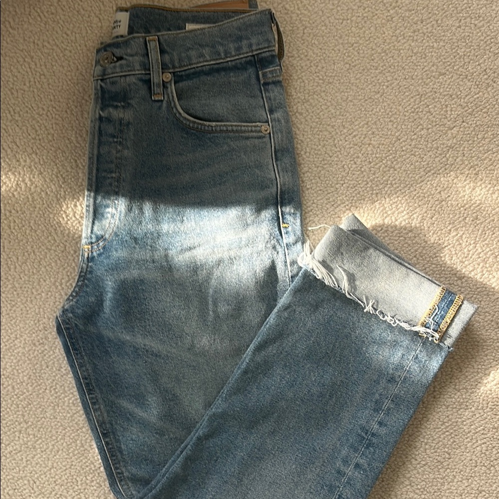 Citizens Of Humanity Blue Boyfriend Jeans with Distressing and Two-Tone Fade